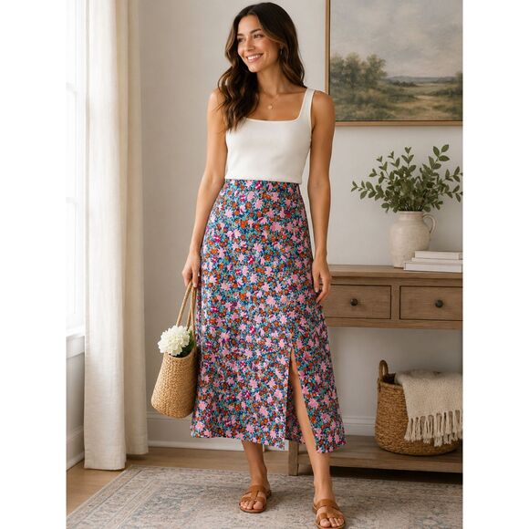 LOFT Dresses & Skirts - LOFT Floral Linen Midi Skirt Cottagecore A-Line Slit Garden Party Boho Size 14